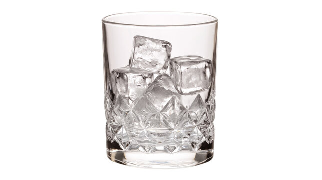 Crystal whiskey glass containing ice cubes on transparent background