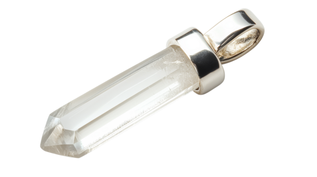 Clear quartz crystal pendant with silver bail on transparent background