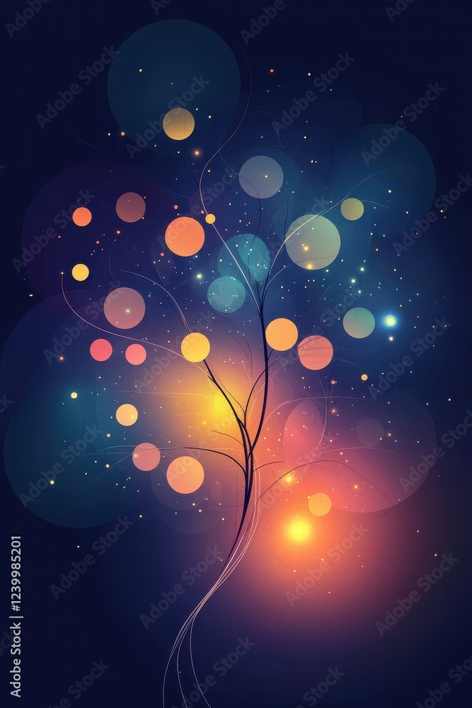 Poster abstract tree with colorful lights and bokeh effect