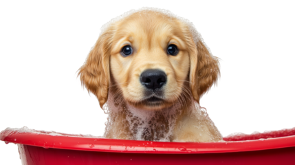 Golden retriever puppy taking a bath with soap suds on transparent background