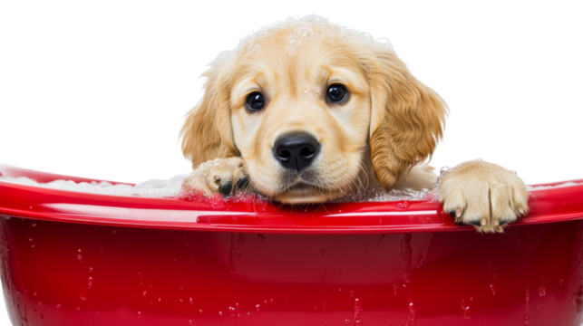 Golden retriever puppy taking a bath in red tub with transparent background