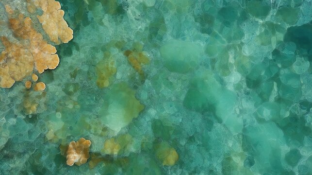 Aerial View of Teal Green Water with Golden Coral Reef
