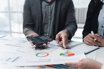 Business team analyzing financial statement, using calculator and pointing at pie chart during meeting