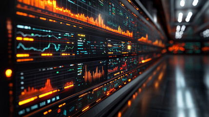 Multiple screens showing financial charts and data analysis in a high-tech environment, symbolizing chaos, modern technology, and the fast-paced nature of financial markets, with empty space for capti