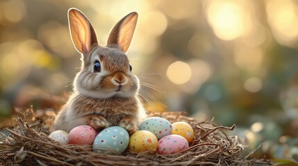 Charming Rabbit Nesting with Colorful Easter Eggs in Springtime