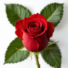 Red Rose Beauty: Close-Up of a Single Red Rose with Green Stem and Leaves, White Background
Png