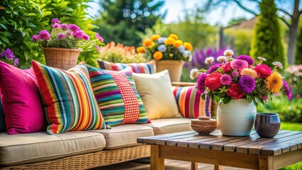 Obraz premium Cozy outdoor seating area with colorful pillows and a vase of flowers, cozy