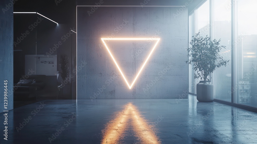 Aufkleber softly glowing borders encircle a triangular badge mockup in a modern studio, enhancing its elegant 
