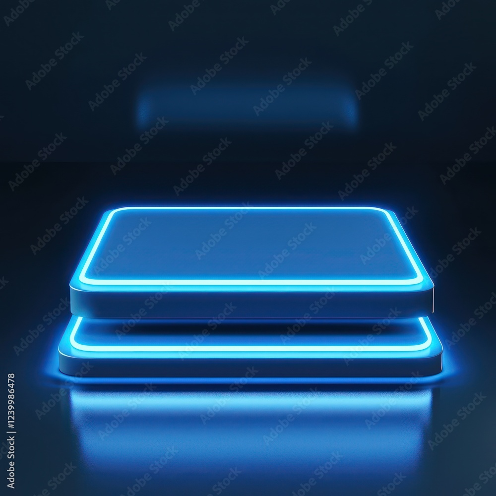 Poster a modern studio is the backdrop for a 3d embroidered badge presented on a rectangular neon blue podi