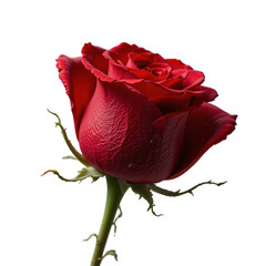Red Rose Beauty: Close-Up of a Single Red Rose with Green Stem and Leaves, White Background
Png