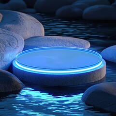 Side perspective highlights a wide circular glass podium with cobalt blue neon, resting on smooth river stones with glowing reflections.