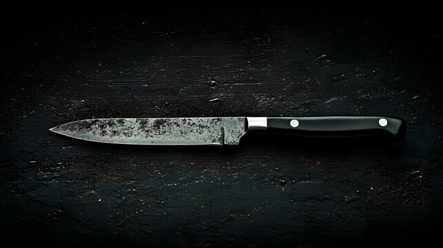 The Butcher's Knife: A well-worn, robust chef's knife with a black handle and a gleaming metal blade lies on a dark surface, ready for action.