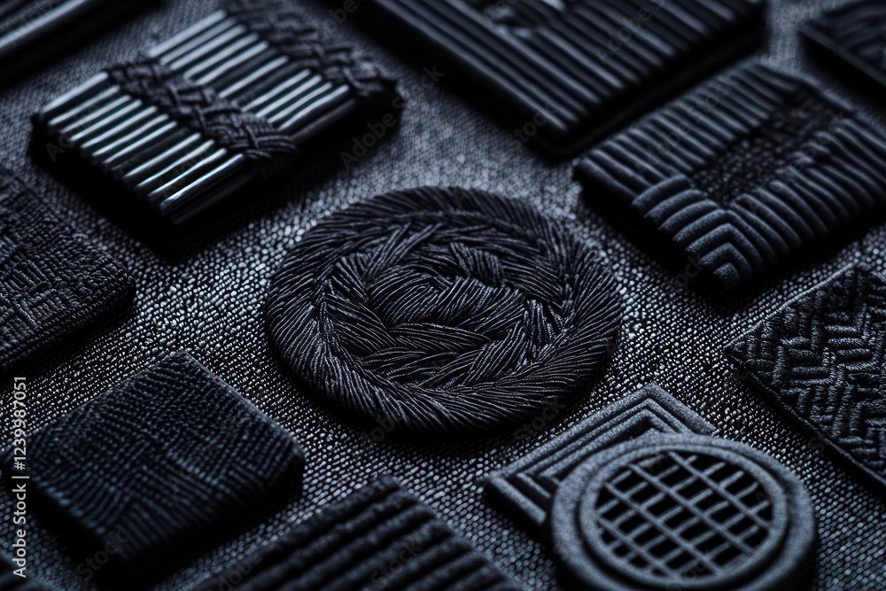 Aufkleber black embroidered patches, including circular and angular shapes, dynamically arranged on a minimali