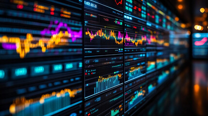 Multiple screens showing financial charts and data analysis in a high-tech environment, symbolizing chaos, modern technology, and the fast-paced nature of financial markets, with empty space for capti