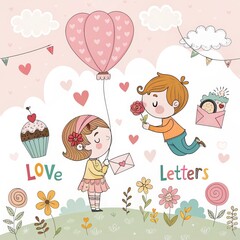 A whimsical background with cute cartoon couples, floating hearts, and a pastel color palette (8)