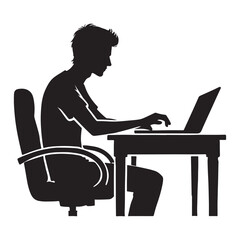 Focused Man at Desk Typing on Laptop Silhouette Image Design