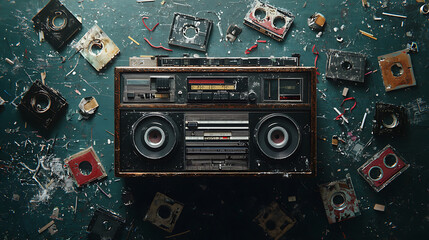 Retro boombox with scattered cassette tapes on messy surface evokes nostalgia