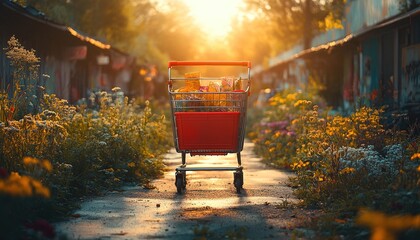 Shopping cart on overgrown market path at sunset