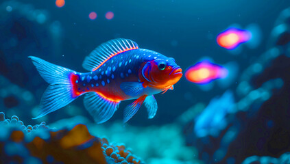 A close-up of a Siamese fighting fish  , its tiny body glowing with bright blue spots