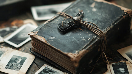 vintage family photo album with black and white pictures, evoking nostalgia and memories