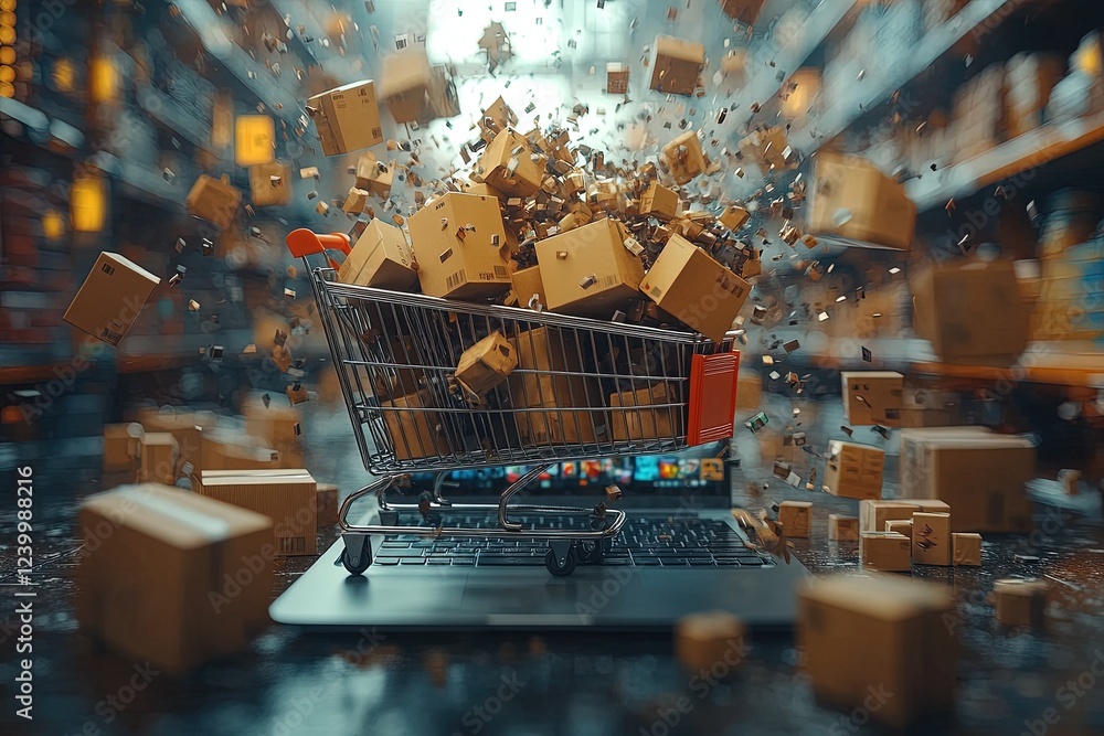 Poster shopping cart overflowing with boxes exploding from laptop in warehouse