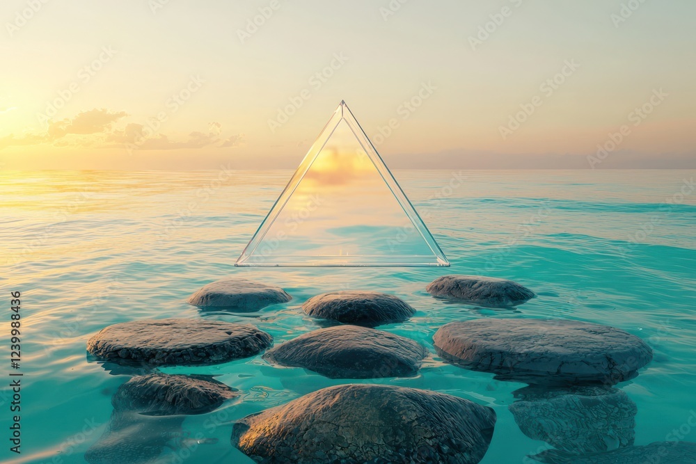 Poster serene highlights from a soft yellow-orange sunset illuminate a triangular transparent podium floati