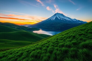 Fototapeta premium Sunlight gently lights a tranquil lake bordered by grassy hills and a mountain