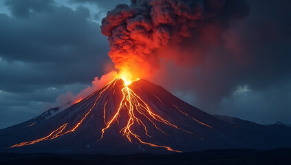 A dramatic live wallpaper of a powerful volcano erupting, with molten lava flowing, fiery explosions, and dark ash clouds billowing into the sky. A breathtaking natural disaster scene