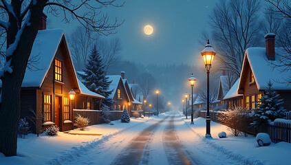 A peaceful snowfall scene featuring a warmly lit village, where soft snowflakes gently drift down under glowing street lamps, creating a cozy and relaxing winter atmosphere