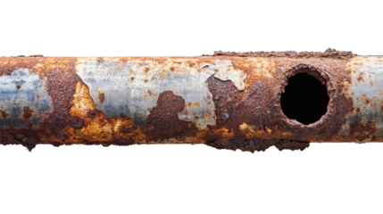 Rusty metal pipe showing corrosion and hole on transparent background