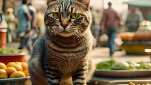 Stray cat looking for food at a food market