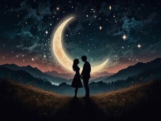 Fototapeta premium A dreamy background featuring a starry night sky with a crescent moon, surrounded by glowing hearts and a silhouette of a couple holding hands