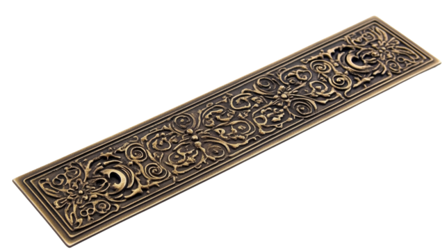 Elegant brass push plate showing intricate floral design on transparent background