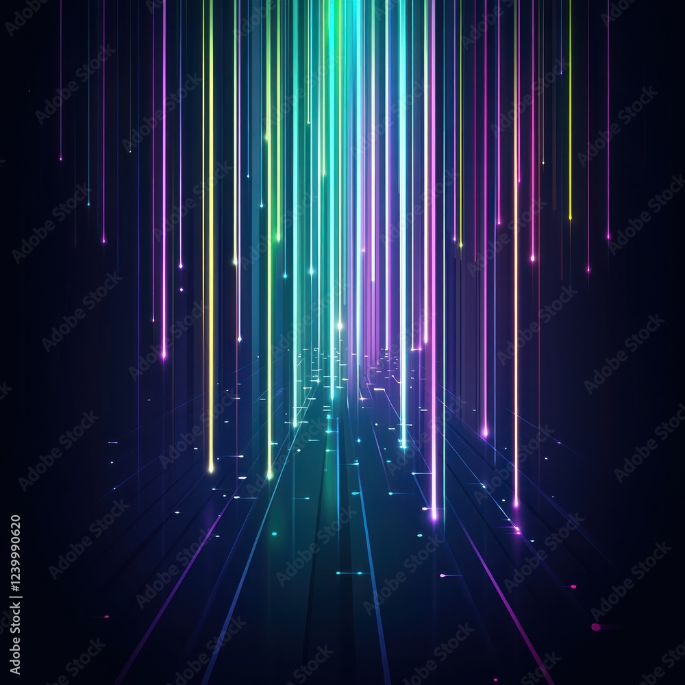 Poster glowing colorful lines in vertical motion against a dark backdrop, for digital or tech visuals