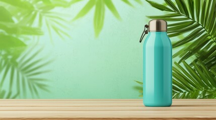 Bright Water Bottle on Tropical Background
