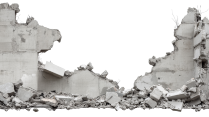 Destroyed concrete wall with falling blocks on transparent background