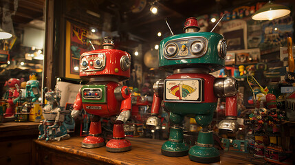 Colorful retro robots in vintage toy store, showcasing classic designs and nostalgic charm