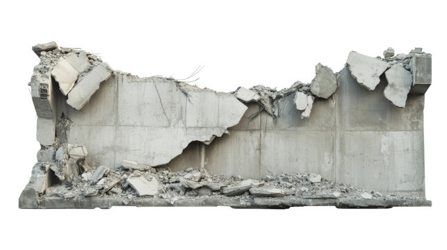 Destroyed concrete wall with rubble isolated on transparent background