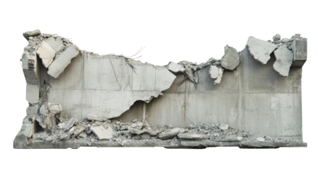 Destroyed concrete wall with rubble isolated on transparent background