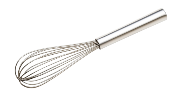 Metal whisk isolated on transparent background for baking and cooking