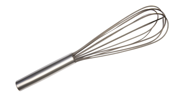 Metal whisk on transparent background for baking and cooking
