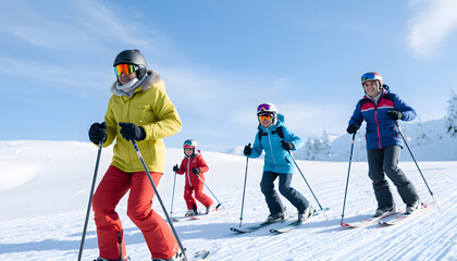 Skiing, winter, snow, skiers - family enjoying winter, detailed. isolated with white shades