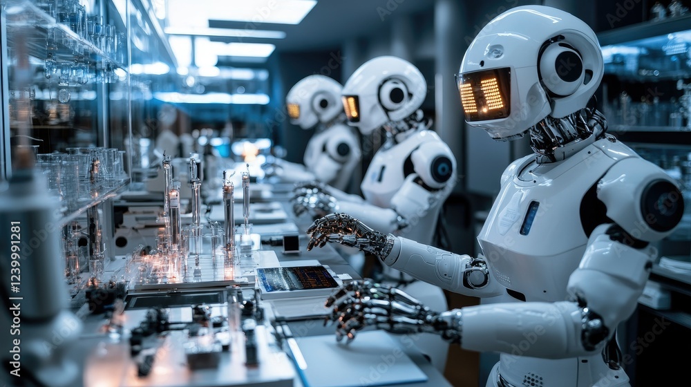 Poster a high-tech laboratory with ai-powered robotic assistants conducting experiments.