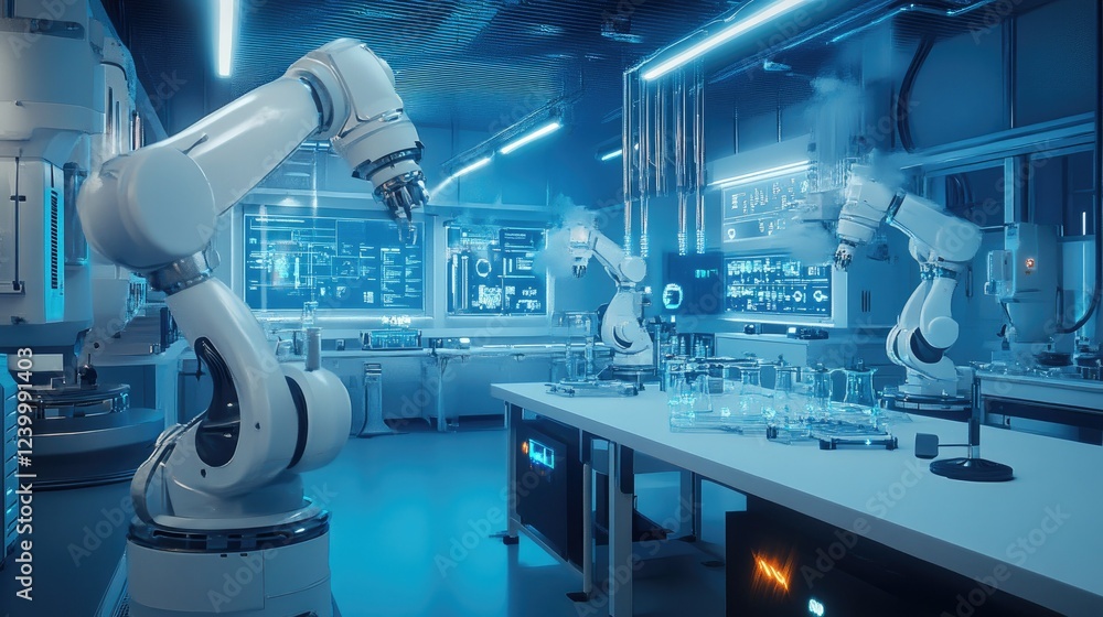 Poster a high-tech laboratory with ai-powered robotic assistants conducting experiments.