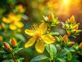 Fototapeta premium Stunning Perforate St. John's Wort: wildflower bud landscape photography.