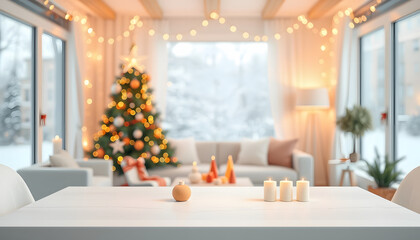 Obraz premium Empty white wold table top with abstract warm living room decor with christmas tree string light blur background with snow,Holiday backdrop,Mock up banner for display of advertise product, cartoon s