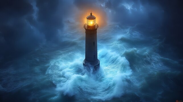 A lighthouse standing tall amidst turbulent waves, lighting the stormy night.