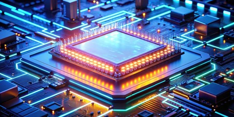 Bright LED lights surround a glowing computer processor in a futuristic lab setup, glowing, digital, glowing,digital,neon,lab