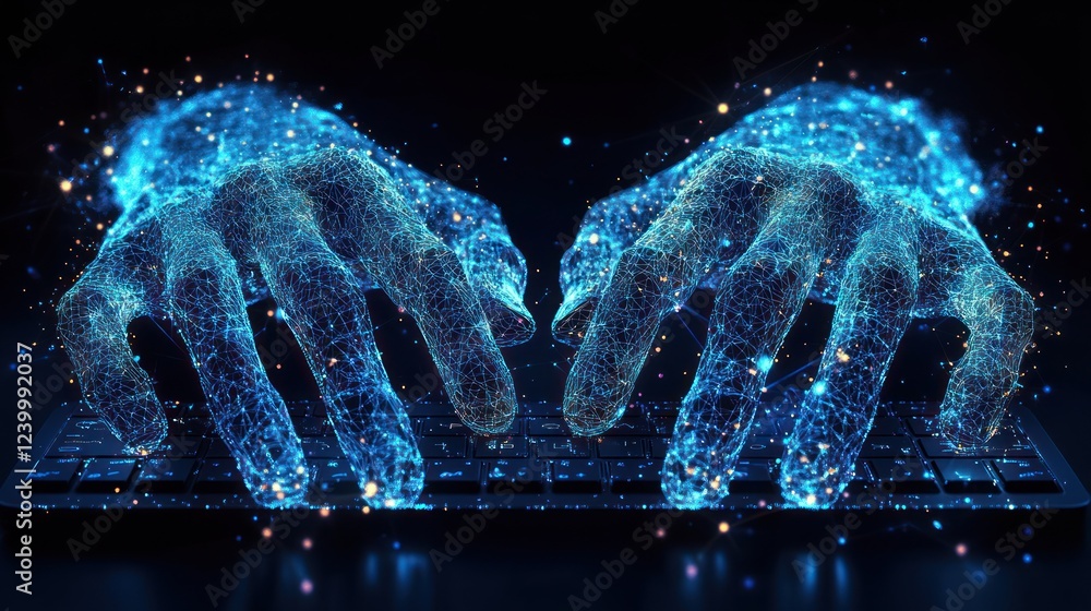 Poster abstract glowing hands typing on a keyboard.