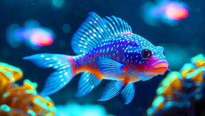 Fototapeta premium A close-up of a Siamese fighting fish , its tiny body glowing with bright blue spots